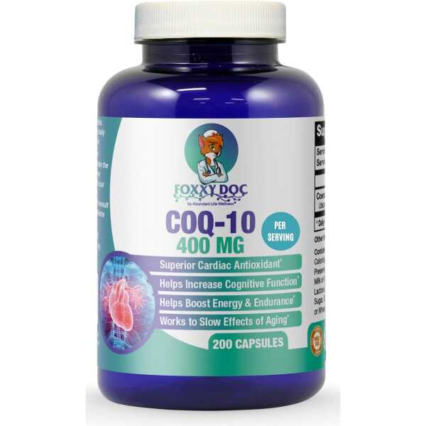 CoQ10 – Co-Enzyme Q10-400 mg per 2 Caps Serving – 200 Veg. Caps – Excellent Price – Non-GMO – 100 Day Supply Heart & Brain & Cell Supplement by Foxxy Doc