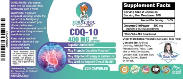 CoQ10 – Co-Enzyme Q10-400 mg per 2 Caps Serving – 200 Veg. Caps – Excellent Price – Non-GMO – 100 Day Supply Heart & Brain & Cell Supplement by Foxxy Doc