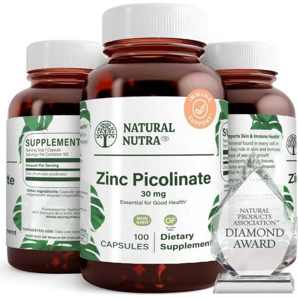 Natural Nutra Zinc Picolinate 30 mg, Double Strength, Raw and Pure, Highly Bioavailable Supplement for Growth and Immune Support, 100 Capsules