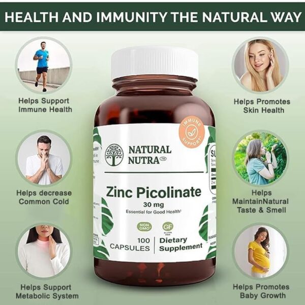 Natural Nutra Zinc Picolinate 30 mg, Double Strength, Raw and Pure, Highly Bioavailable Supplement for Growth and Immune Support, 100 Capsules