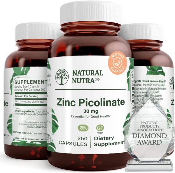 Natural Nutra Zinc Picolinate 30 mg, Double Strength, Raw and Pure, Highly Bioavailable Supplement for Growth and Immune Support, 100 Capsules