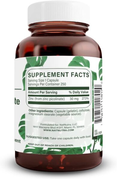 Natural Nutra Zinc Picolinate 30 mg, Double Strength, Raw and Pure, Highly Bioavailable Supplement for Growth and Immune Support, 100 Capsules