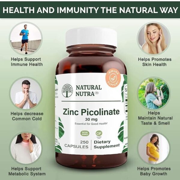 Natural Nutra Zinc Picolinate 30 mg, Double Strength, Raw and Pure, Highly Bioavailable Supplement for Growth and Immune Support, 100 Capsules