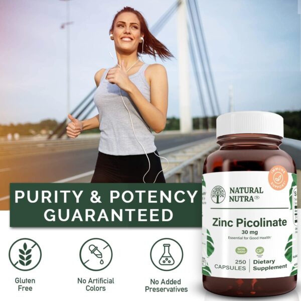 Natural Nutra Zinc Picolinate 30 mg, Double Strength, Raw and Pure, Highly Bioavailable Supplement for Growth and Immune Support, 100 Capsules