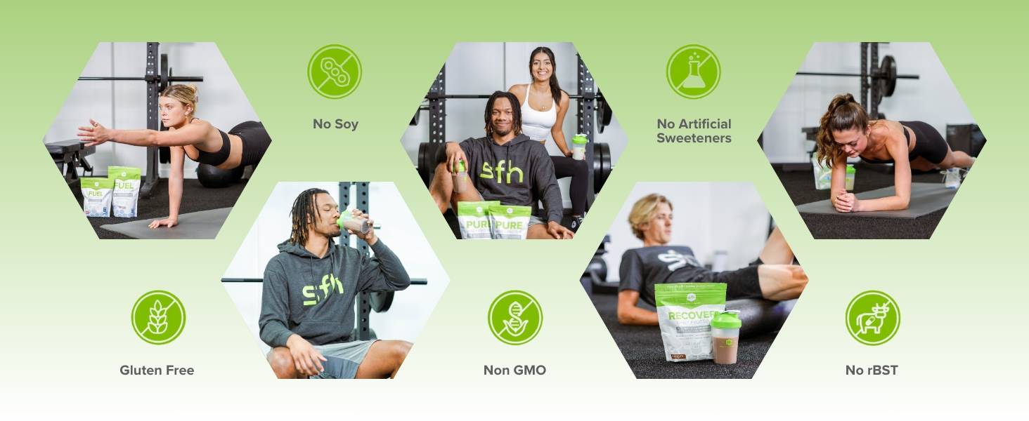 sfh whey protein powders grass fed concentrate non gmo no gluten artificial sweeteners flavors soy