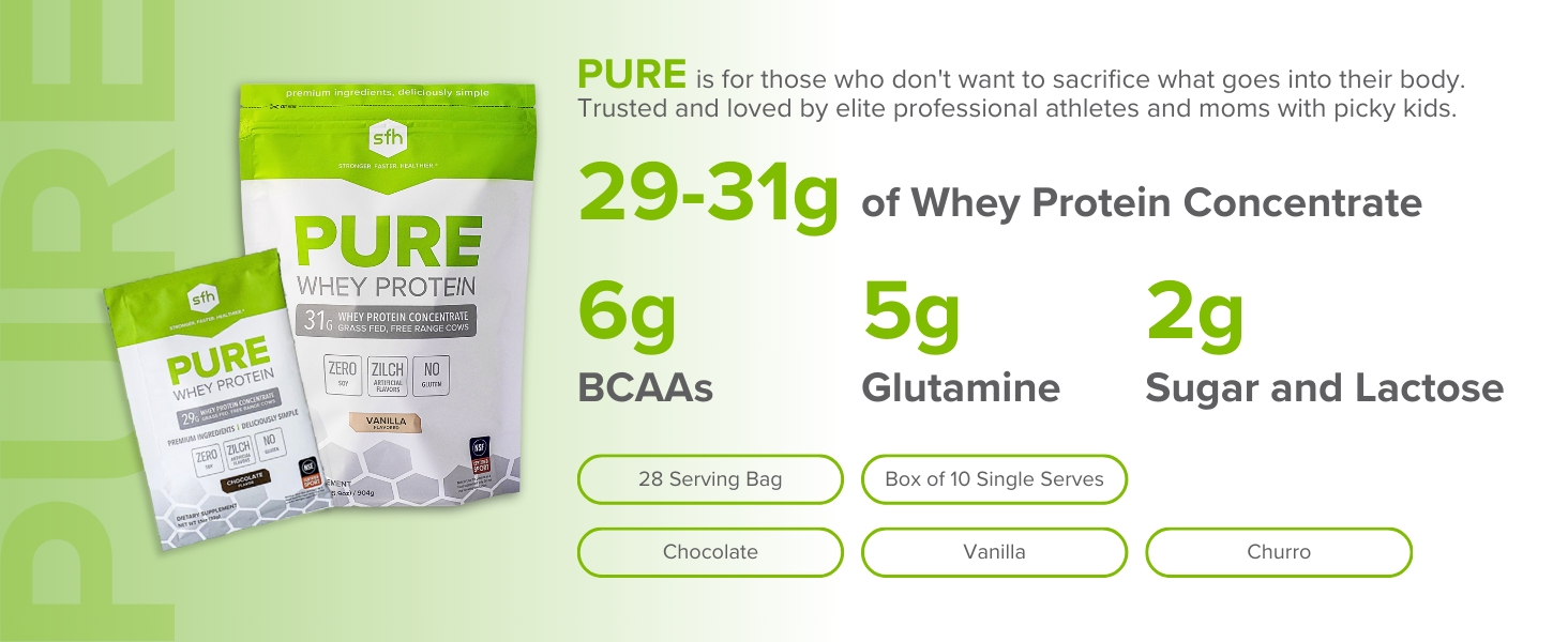 sfh whey protein powders grass fed concentrate non gmo no gluten artificial sweeteners flavors soy