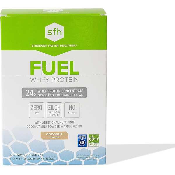 SFH Fuel Whey Protein Powder Great Tasting Grass Fed Whey | MCTs & Fiber for Energy | All Natural | Soy Free, Gluten Free, No RBST, No Artificial Flavors (Coconut (10 Pack))