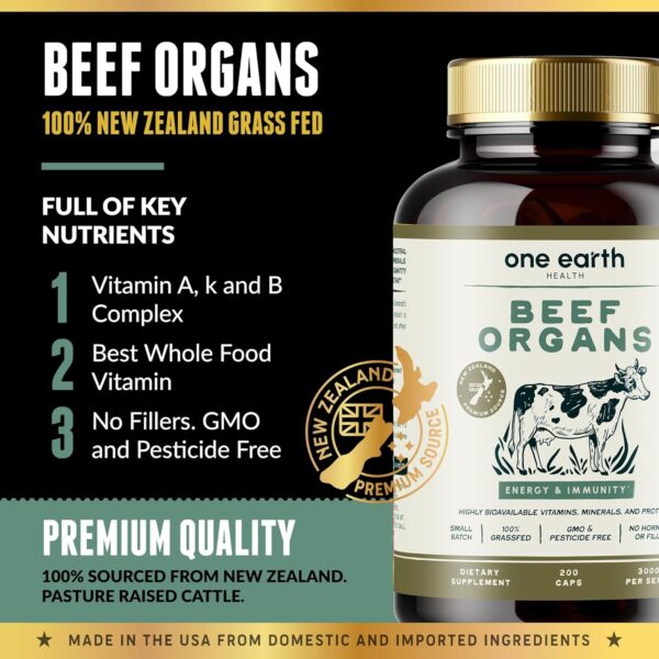 New Zealand 100% Grass Fed Beef Organs – (200 Count, 3,000mg Serving) Liver, Heart, Kidney, Pancreas, Spleen Supplement. Organ Meat Complex sourced from New Zealand