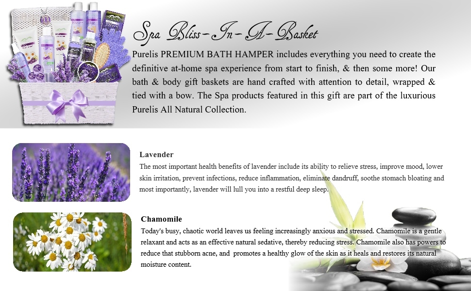 spa bliss-in-a-basket, bath hamper, gift basket, advantages of lavender and chamomile