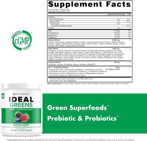 NutraOne Ideal Greens Antioxidant and Nutrient-Rich Superfood Greens Powder Supplement (Chocolate- 30 Servings)