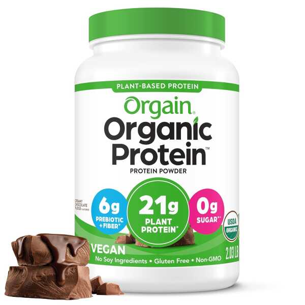 Orgain Organic Vegan Protein Powder, Creamy Chocolate Fudge – 21g Plant Protein, 6g Prebiotic Fiber, Low Net Carb, No Lactose Ingredients, No Added Sugar, Non-GMO, For Shakes & Smoothies, 2.03 lb