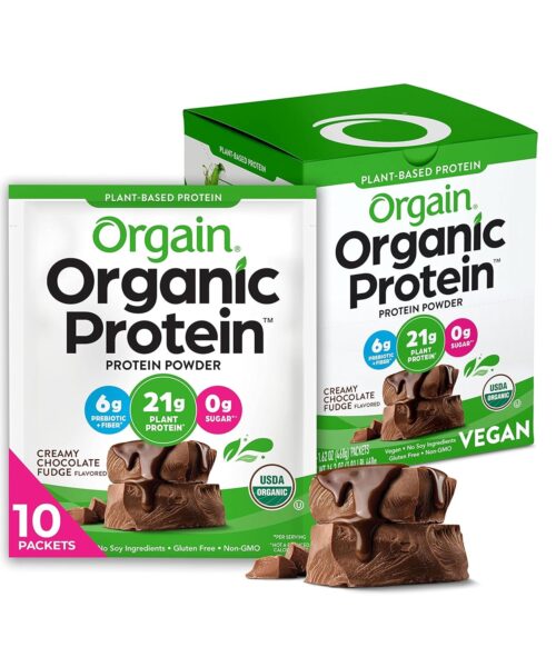 Orgain Organic Vegan Protein Powder, Creamy Chocolate Fudge – 21g Plant Protein, 6g Prebiotic Fiber, Low Net Carb, No Lactose Ingredients, No Added Sugar, Non-GMO, For Shakes & Smoothies, 2.03 lb