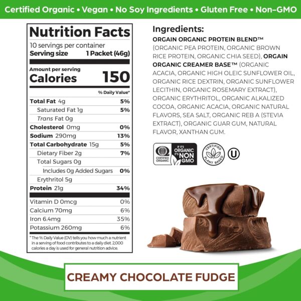 Orgain Organic Vegan Protein Powder, Creamy Chocolate Fudge – 21g Plant Protein, 6g Prebiotic Fiber, Low Net Carb, No Lactose Ingredients, No Added Sugar, Non-GMO, For Shakes & Smoothies, 2.03 lb