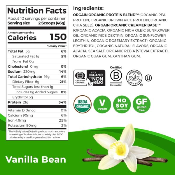 Orgain Organic Vegan Protein Powder, Vanilla Bean – 21g Plant Based Protein, Gluten Free, Dairy Free, Lactose Free, Soy Free, No Sugar Added, Kosher, For Smoothies & Shakes – 2.03lb