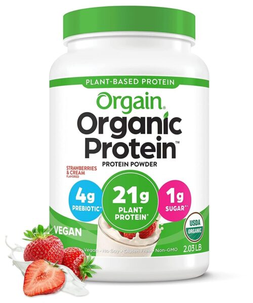 Orgain Organic Vegan Protein Powder, Vanilla Bean – 21g Plant Based Protein, Gluten Free, Dairy Free, Lactose Free, Soy Free, No Sugar Added, Kosher, For Smoothies & Shakes – 2.03lb