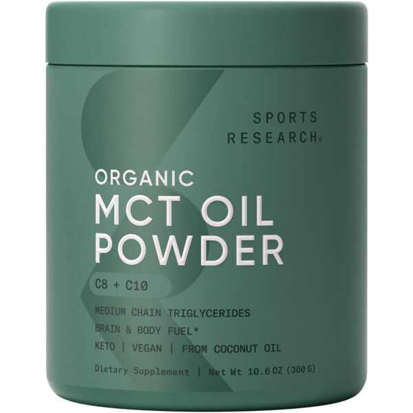 Sports Research Organic MCT Oil Powder – Keto & Vegan MCTs C8, C10 from Coconuts – Fatty Acid Brain & Body Fuel, Non-GMO & Gluten Free – Unflavored, Perfect in Coffee, Tea & Protein Shakes – 10.6 oz