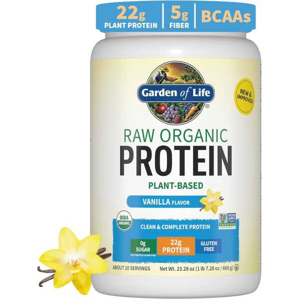 Organic Vegan Vanilla Protein Powder – Garden of Life – 22g Complete Plant Based Raw Protein & BCAAs Plus Probiotics & Digestive Enzymes for Easy Digestion – Non-GMO, Gluten-Free, Lactose Free 1.5 LB