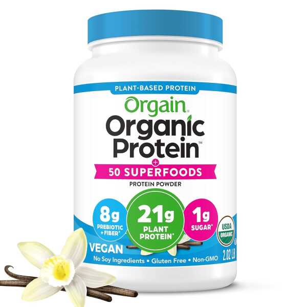 Orgain Organic Vegan Protein + 50 Superfoods Powder, Vanilla Bean – 21g Plant Based Protein, 8g Prebiotic Fiber, No Lactose Ingredients, Gluten Free, No Added Sugar, Non-GMO, 2.02 lb