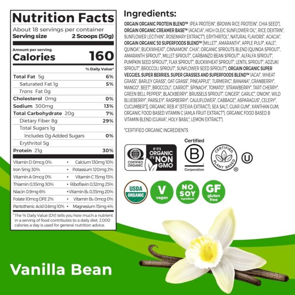 Orgain Organic Vegan Protein + 50 Superfoods Powder, Vanilla Bean – 21g Plant Based Protein, 8g Prebiotic Fiber, No Lactose Ingredients, Gluten Free, No Added Sugar, Non-GMO, 2.02 lb