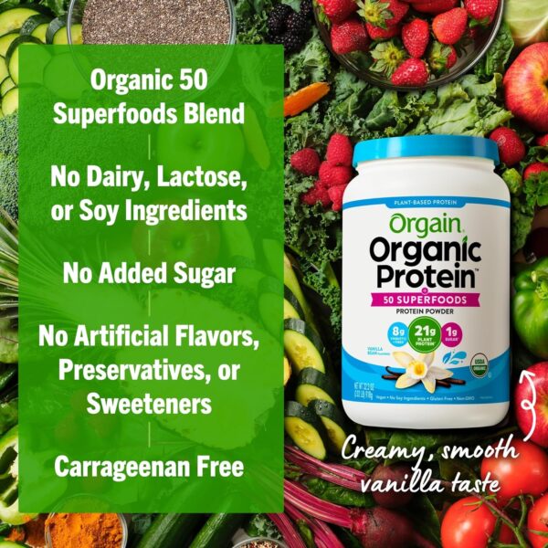 Orgain Organic Vegan Protein + 50 Superfoods Powder, Vanilla Bean – 21g Plant Based Protein, 8g Prebiotic Fiber, No Lactose Ingredients, Gluten Free, No Added Sugar, Non-GMO, 2.02 lb