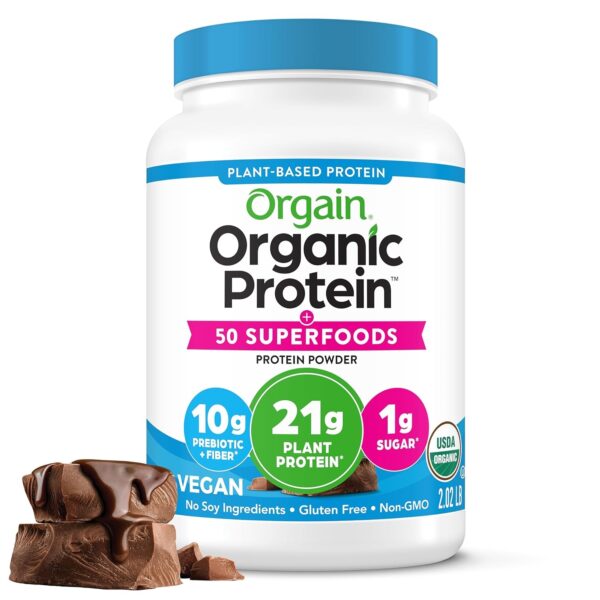 Orgain Organic Vegan Protein + 50 Superfoods Powder, Vanilla Bean – 21g Plant Based Protein, 8g Prebiotic Fiber, No Lactose Ingredients, Gluten Free, No Added Sugar, Non-GMO, 2.02 lb