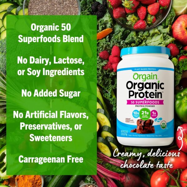 Orgain Organic Vegan Protein + 50 Superfoods Powder, Vanilla Bean – 21g Plant Based Protein, 8g Prebiotic Fiber, No Lactose Ingredients, Gluten Free, No Added Sugar, Non-GMO, 2.02 lb