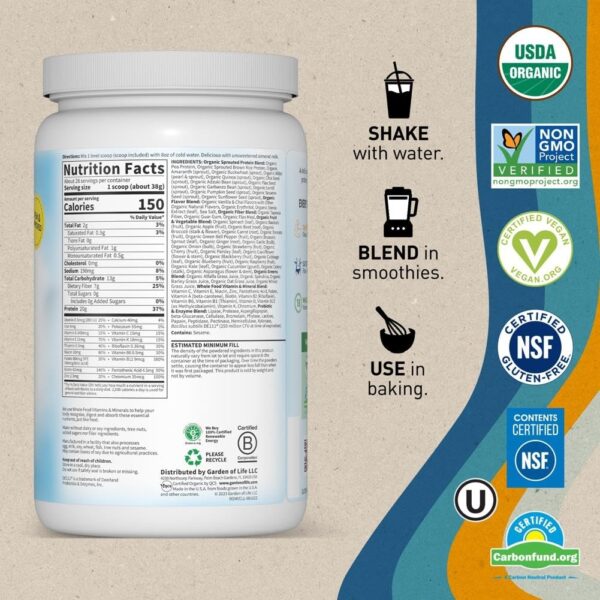 Garden of Life Vegan Protein Powder – Raw Organic Meal Replacement Shakes – Lightly Sweet – Pea Protein, Greens and Probiotics for Women and Men, Plant Based Dairy Free All in One Shake, 28 Servings