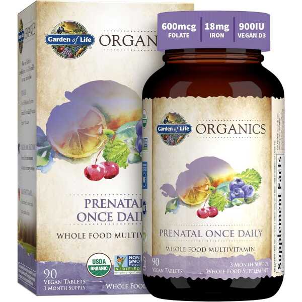 Garden of Life Organics Prenatal Vitamin: Folate for Energy & Healthy Fetal Development, Non-constipating Iron, Vitamin C, B6, B12, D3 – Organic, Non-GMO, Gluten-Free, Vegan, 90 Day Supply