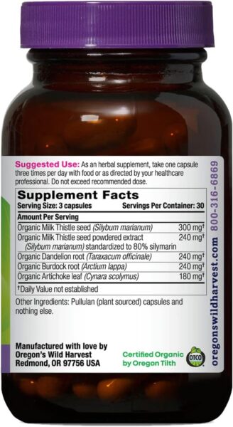 Oregon’s Wild Harvest Certified Organic Milk Thistle Dandelion Capsules, 80% Silymarin, Burdock and Artichoke, 90 Count