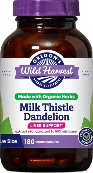 Oregon’s Wild Harvest Certified Organic Milk Thistle Dandelion Capsules, 80% Silymarin, Burdock and Artichoke, 90 Count