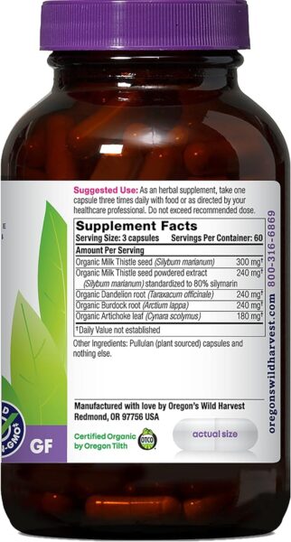 Oregon’s Wild Harvest Certified Organic Milk Thistle Dandelion Capsules, 80% Silymarin, Burdock and Artichoke, 90 Count