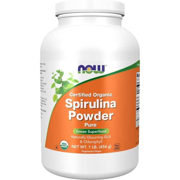 NOW Supplements, Certified Organic, Spirulina Powder, Rich in Beta-Carotene (Vitamin A) and B-12 with naturally occurring GLA & Chlorophyll, 1-Pound