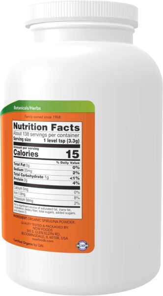 NOW Supplements, Certified Organic, Spirulina Powder, Rich in Beta-Carotene (Vitamin A) and B-12 with naturally occurring GLA & Chlorophyll, 1-Pound