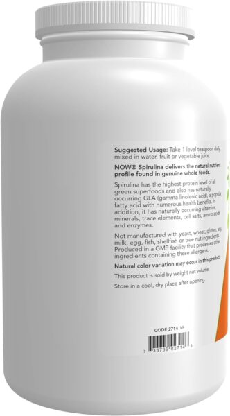 NOW Supplements, Certified Organic, Spirulina Powder, Rich in Beta-Carotene (Vitamin A) and B-12 with naturally occurring GLA & Chlorophyll, 1-Pound