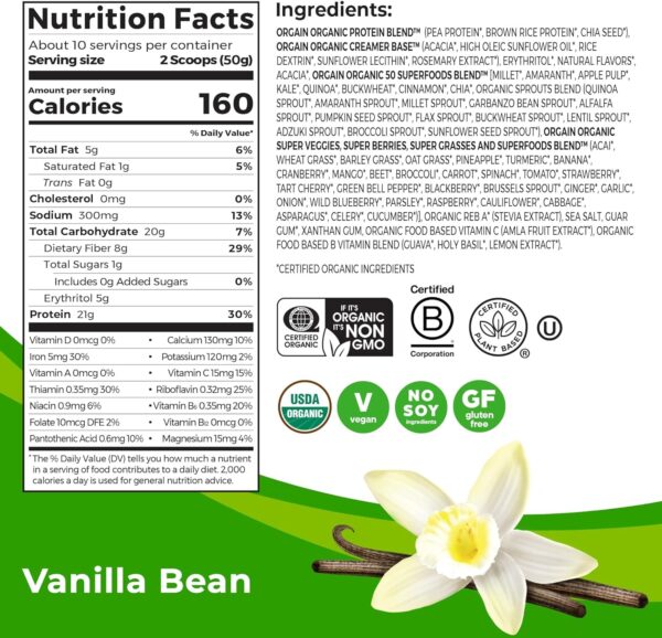 Orgain Organic Vegan Protein + 50 Superfoods Powder, Vanilla Bean – 21g Plant Based Protein, 8g Prebiotic Fiber, No Lactose Ingredients, Gluten Free, No Added Sugar, Non-GMO, 1.12 lb