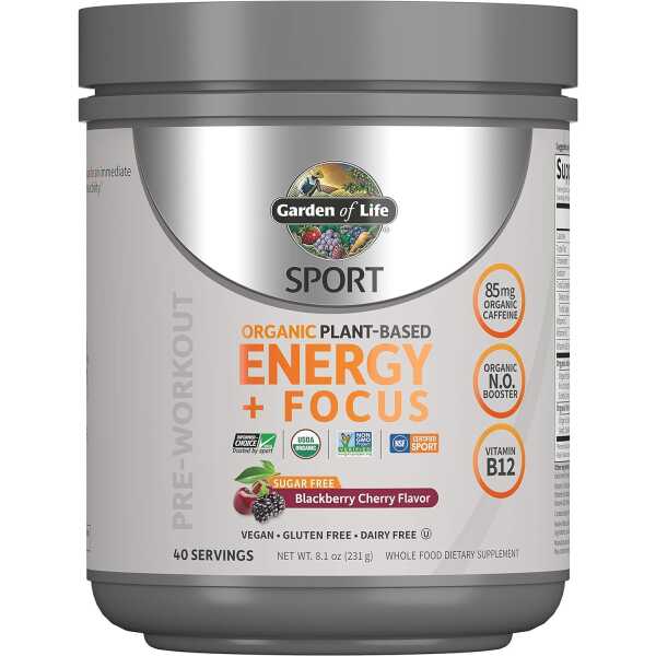 Garden of Life Sport Organic Plant-Based Energy + Focus Vegan Clean Pre Workout Powder, Sugar & Gluten Free BlackBerry Cherry with 85mg Caffeine, Natural NO Booster, B12, 40 Servings, 8.14 Oz