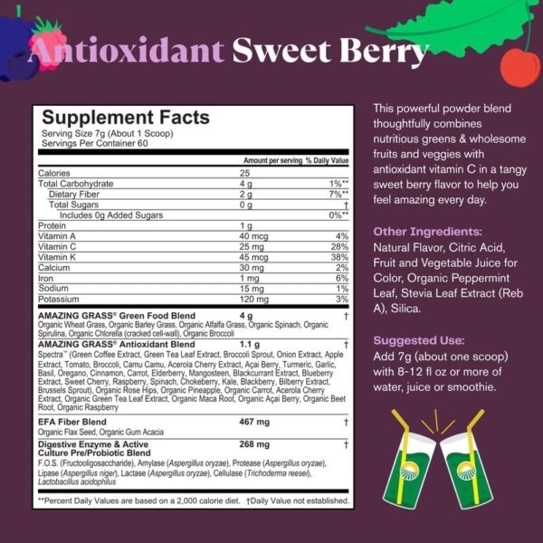 Amazing Grass Greens Superfood Antioxidant: Greens Powder with Organic Spirulina, Beet Root Powder, Elderberry & Probiotics, Sweet Berry, 60 Servings (Packaging May Vary)