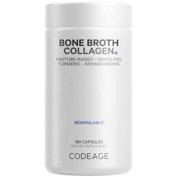 Codeage Organic Bone Broth Collagen Peptides Capsules Supplement, Grass Fed Beef Bone Broth, Free-Range Chicken Bone Broth, Turmeric & Ashwagandha, Bones, Cartilage, Skin, Joint Support – 180 Capsules