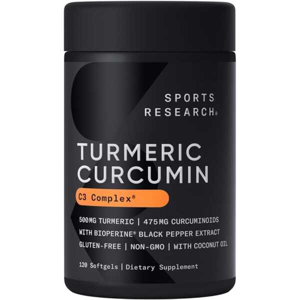 Sports Research Turmeric Curcumin C3 Complex – Softgels with Bioperine Black Pepper Extract & Organic Coconut Oil, Standardized 95% Curcuminoids – Non-GMO Verified & Gluten Free – 500mg, 120 Count