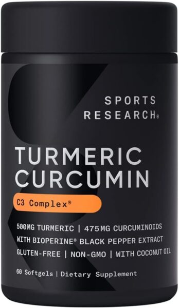 Sports Research Turmeric Curcumin C3 Complex – Softgels with Bioperine Black Pepper Extract & Organic Coconut Oil, Standardized 95% Curcuminoids – Non-GMO Verified & Gluten Free – 500mg, 120 Count