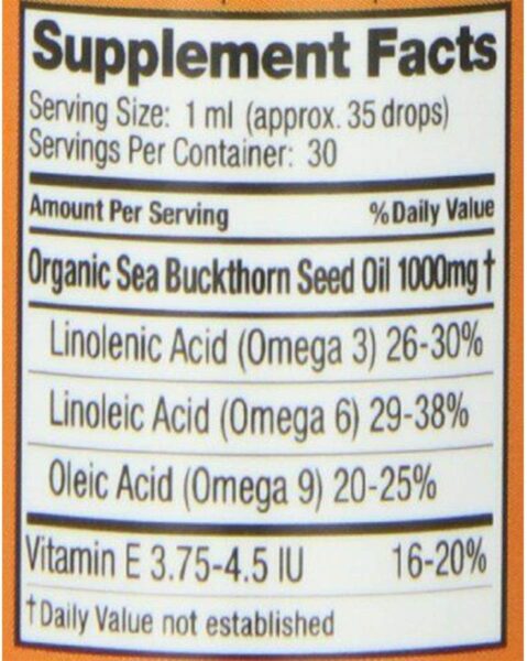 Sea Buckthorn Seed Oil,100% Certified Organic, 1 FL OZ