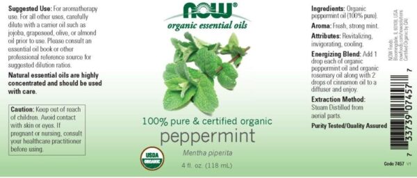 NOW Essential Oils, Organic Peppermint Oil, Invigorating Aromatherapy Scent, Steam Distilled, 100% Pure, Vegan, Child Resistant Cap, 4-Ounce