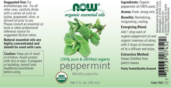 NOW Essential Oils, Organic Peppermint Oil, Invigorating Aromatherapy Scent, Steam Distilled, 100% Pure, Vegan, Child Resistant Cap, 4-Ounce