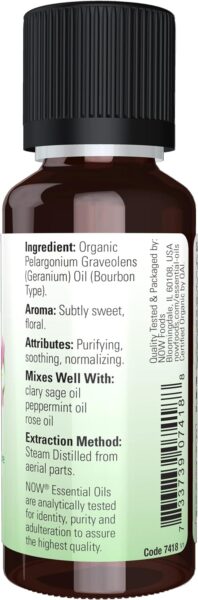 NOW Essential Oils, Geranium Oil, Certified Organic, Soothing Aromatherapy Scent, Steam Distilled, 100% Pure, Child Resistant Cap, 1-Ounce