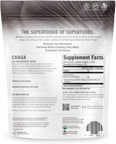 OM Mushroom Superfood Chaga Organic Mushroom Powder, 7.05 Ounce Pouch, 100 Servings, US Grown, Sacred Antioxidants & Immune Support, Superfood Mushroom Supplement