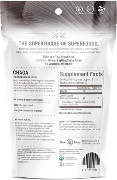 OM Mushroom Superfood Chaga Organic Mushroom Powder, 7.05 Ounce Pouch, 100 Servings, US Grown, Sacred Antioxidants & Immune Support, Superfood Mushroom Supplement