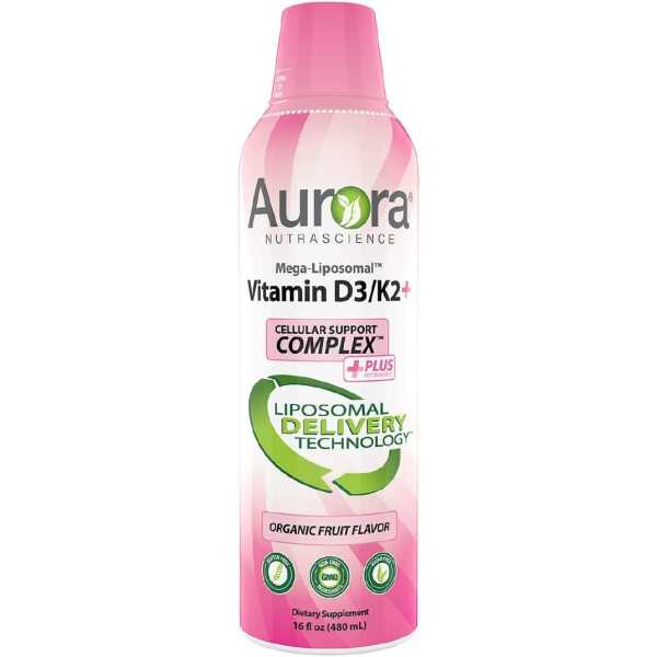 Aurora Nutrascience, Mega-Liposomal Vitamin D3/K2+ with Vitamin C, Organic Fruit Flavor, Gluten Free, Non GMO, 16 fl oz (480 ml)