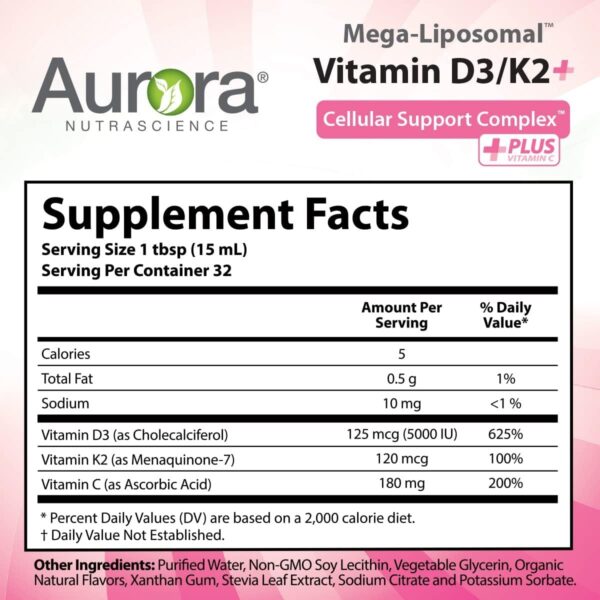 Aurora Nutrascience, Mega-Liposomal Vitamin D3/K2+ with Vitamin C, Organic Fruit Flavor, Gluten Free, Non GMO, 16 fl oz (480 ml)