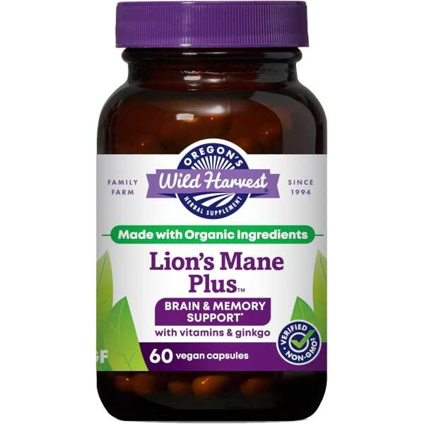 Oregon’s Wild Harvest Lion’s Mane Plus Brain & Memory Support with Vitamins & Ginkgo, Organic, 60 Count