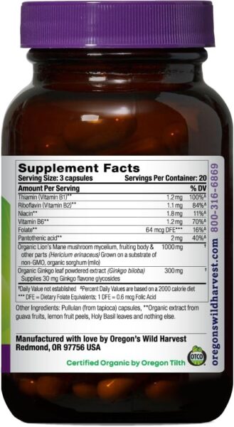 Oregon’s Wild Harvest Lion’s Mane Plus Brain & Memory Support with Vitamins & Ginkgo, Organic, 60 Count